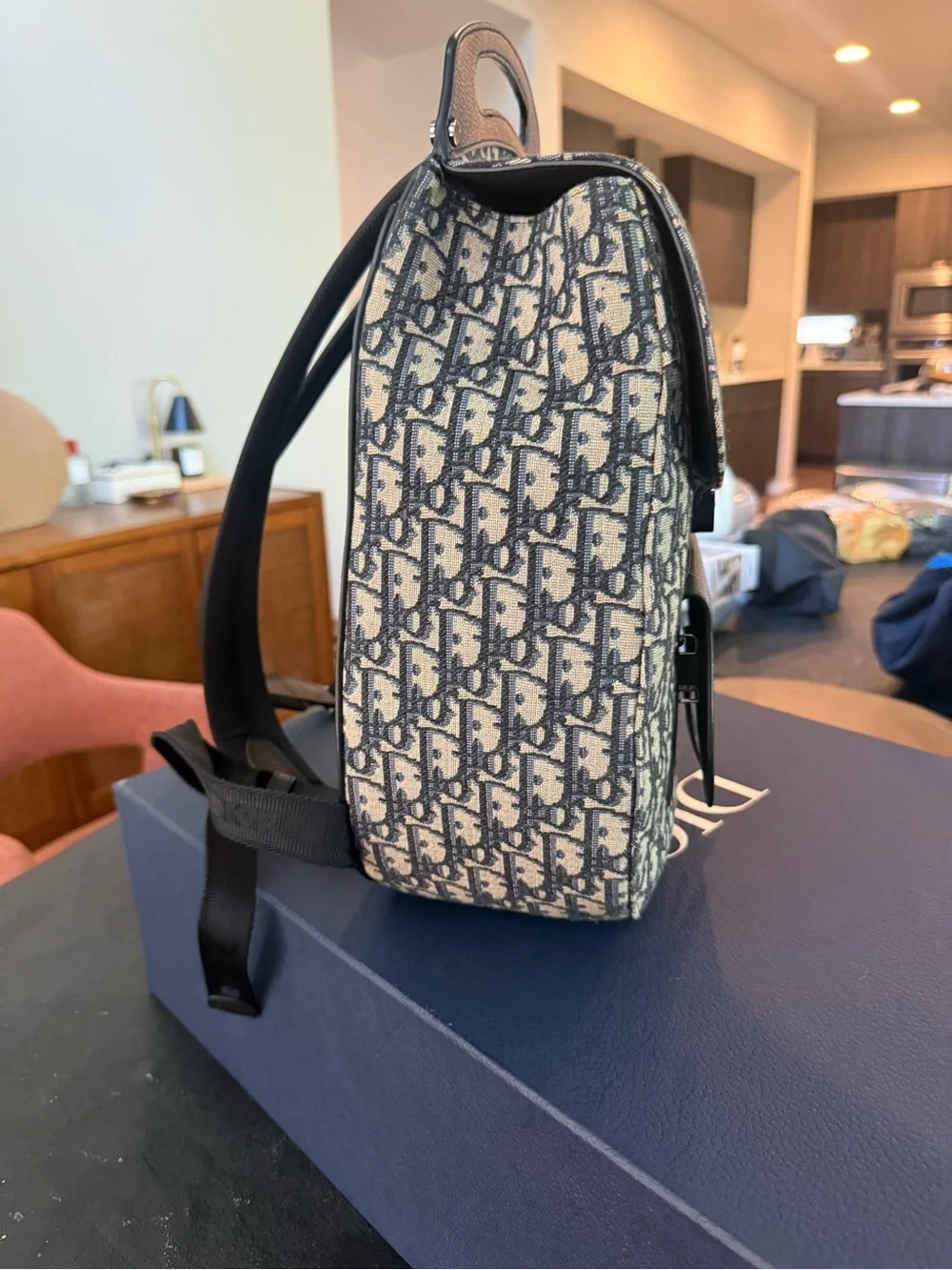 Dior Navy and White Oblique Monogram Backpack with Black Leather Trim